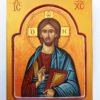 Hand-painted Greek Orthodox Byzantine icon of Jesus Christ in traditional style, featuring vibrant colors and intricate details.