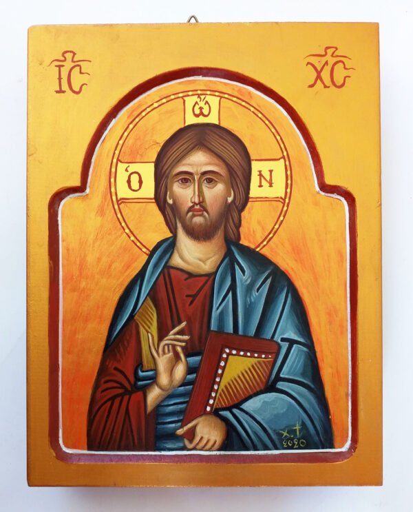 Hand-painted Greek Orthodox Byzantine icon of Jesus Christ in traditional style, featuring vibrant colors and intricate details.