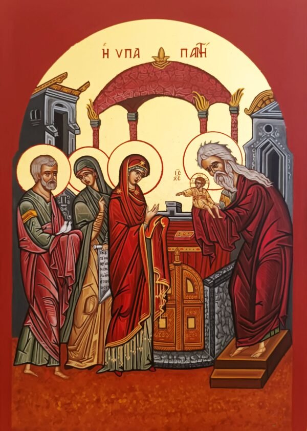 Hand-painted Greek Orthodox icon of the Circumcision and Presentation of Jesus Christ at the Temple, featuring Saint Joseph, the Prophetess Anne, Virgin Mary, and Saint Simeon. Certified Byzantine icon with traditional colors on wood panel.