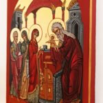 Hand-painted Greek Orthodox icon of the Circumcision and Presentation of Jesus Christ at the Temple, featuring Saint Joseph, the Prophetess Anne, Virgin Mary, and Saint Simeon. Certified Byzantine icon with traditional colors on wood panel.