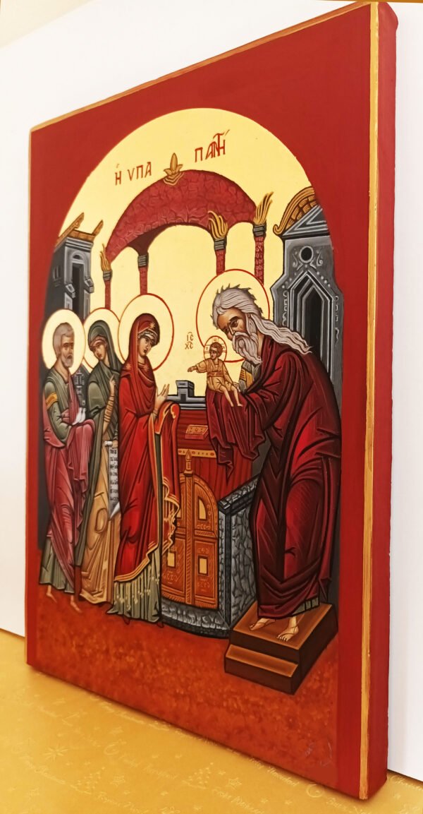 Hand-painted Greek Orthodox icon of the Circumcision and Presentation of Jesus Christ at the Temple, featuring Saint Joseph, the Prophetess Anne, Virgin Mary, and Saint Simeon. Certified Byzantine icon with traditional colors on wood panel.